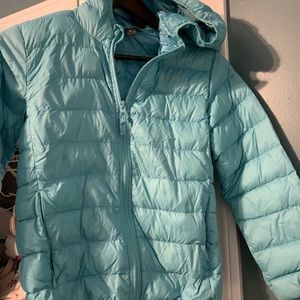 Eddie Bauer down puffer coat aqua. Great condition. One small imperfection.